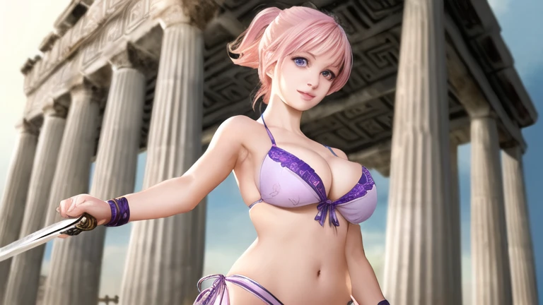 masterpiece、best quality、超high resolution、Realistic skin texture、Leather Armor、Bare breasts、Reality、high resolution、RAW photos、shiny skin、Realistic skin texture、Optimal lighting、shine、Dramatic Lighting、Dynamic poses、Greek temple background、Female warrior、There is a hollow sword、arena、1 Girl、精致big eyes、Pink ribbon、Roman skirt、White Blonde Long Hair、High Ponytail、blue eyes、Clear eyes，look at the audience、 Large Breasts、、Smile、, Solitary, 1 Girl,  Pink Hair, Purple Eyes, short hair, Flowering, , Bikini, big eyes, , Black fishnet stockings,Make an action, 