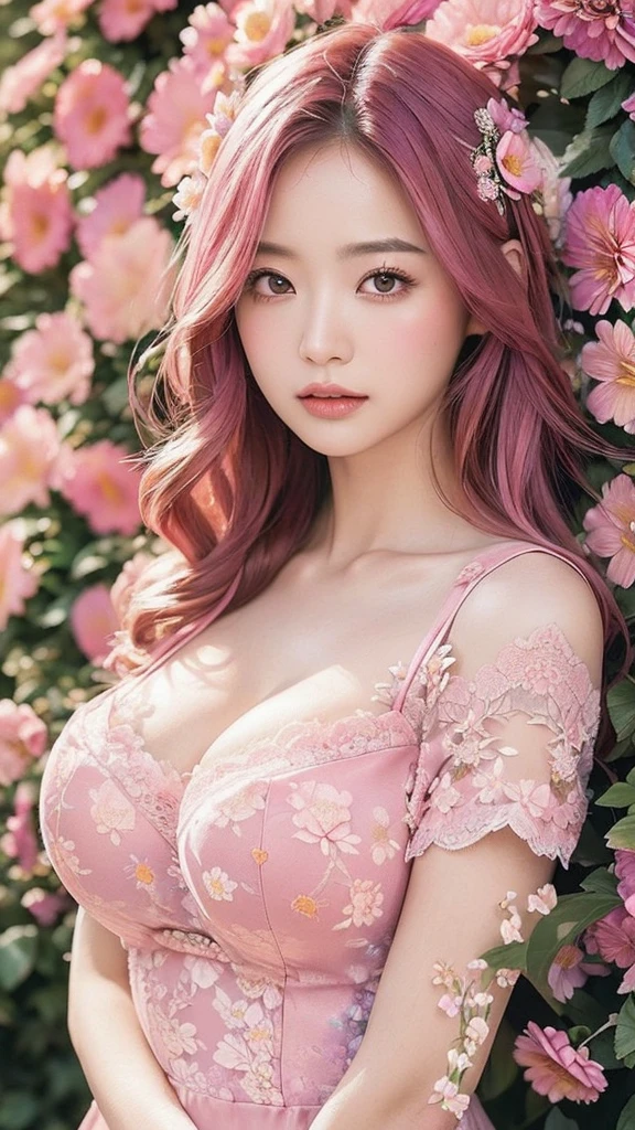 Asian Woman、((highest quality, masterpiece: 1.3)),(Background with lots of flowers:1.5), (hairstyle), ((very big breasts)), delicate eyes, Pink Hair,pink lace,