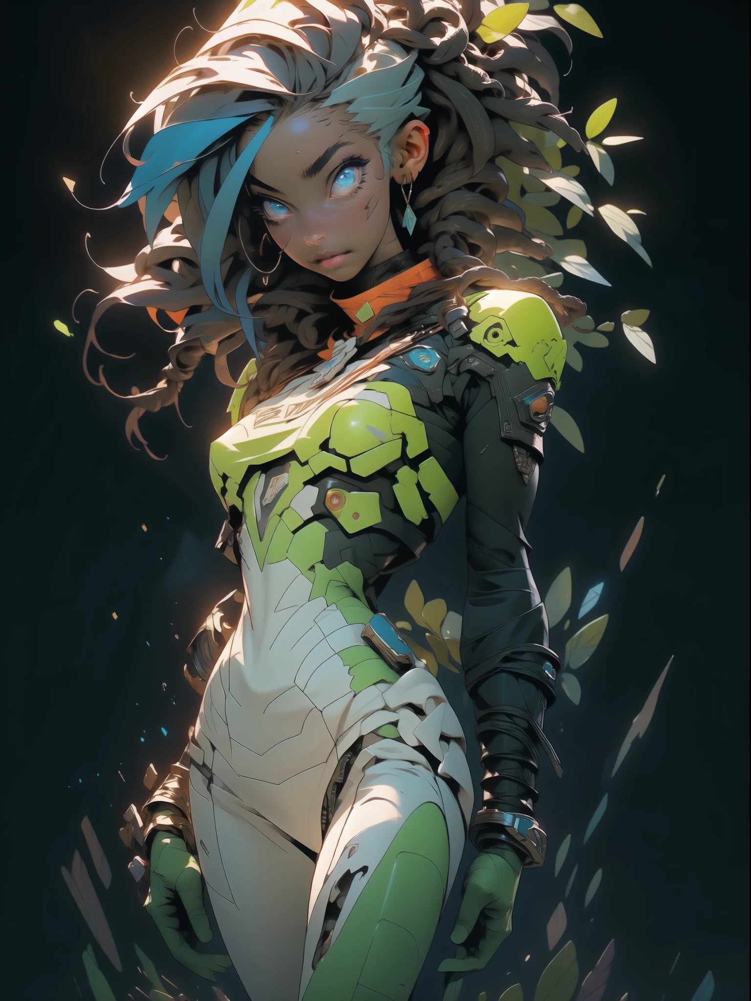 ((Best quality)), ((masterpiece)), (detailed: 1.4), (Absurd), Zulu warrior, African bracelets and necklaces, black skin , Clothing with spectacular tribal designs, explosion of colors, cosmic tattoo, nebulous, muscular sculptural body defined, whole body, half thick naked thighs, closed mouth, body covered by technological clothing, Neon Genesis Evangelion style, cyberpunk, generous neckline, ((perfect medium breasts)), (super light blue eyes), ((totally dark green and orange clothing)), (((hair with dreadlocks)))), long eyelashes and black heavy makeup, various African jewelry, garter belt made with barbed wire, by mucha, niji --V5, close to real, psychopath, crazy face, sexy pose, fractal background, 2 pieces clothing, pastel, centered, scale to fit the dimensions, HDR (High Dynamic Range),Ray Tracing,NVIDIA RTX, Super-Resolution,Unreal 5,Subsurface Dispersion, PBR Texture, Post-processing, Anisotropic Filtering, Depth of Field, Maximum Clarity and Sharpness, Multilayer Textures, Albedo and Specular Maps, Surface Shading, Accurate Simulation of Light-Material Interaction, Perfect Proportions, Octane Render, Two-Tone Lighting, Wide Aperture, Low ISO, White Balance, Rule of Thirds, 8K RAW, Crysisnanosuit