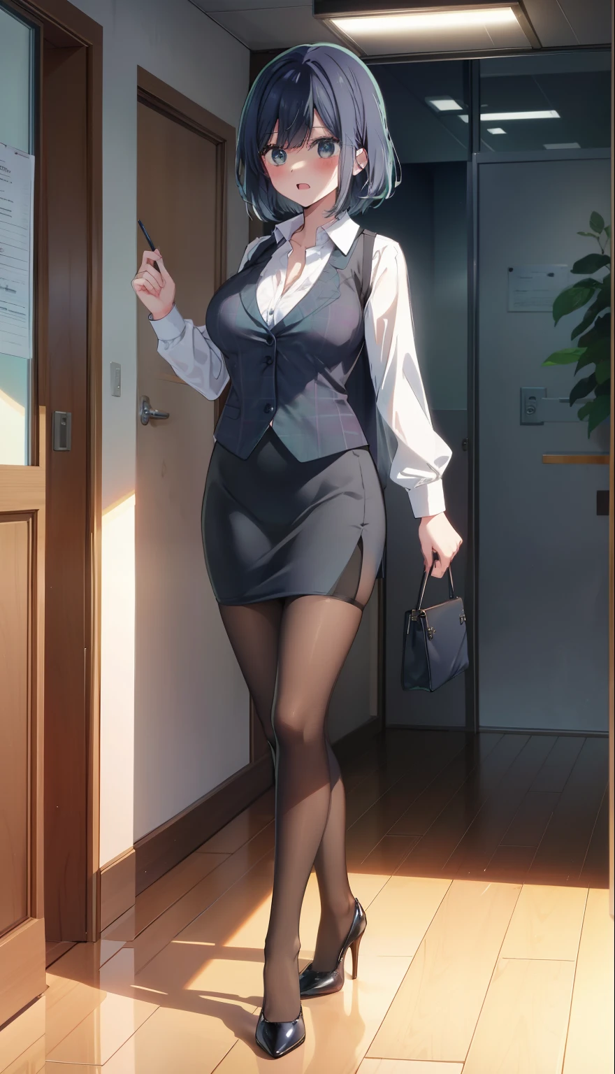 highest quality, Flying debris、Beautiful woman、Office Lady、Black Hair、(Brown eyes、Big Breasts、Blunt bangs)、short hair、Dark blue checked office suit)、new employee,Full Body Shot、Female office lady、break(Dark blue checked vest、White dress shirt、Navy blue mini tight pencil skirt:1.2)、(Black Pantyhose、garter belt、High heels)、break(office:1.3)、Cleavage、Shirt buttons fly off、Absolute area、Blushing、Embarrassed、Standing posture、Open your mouth、Exposing the breasts、Bare your breasts、No panties、No bra、Nipples are visible、Expose the nipple