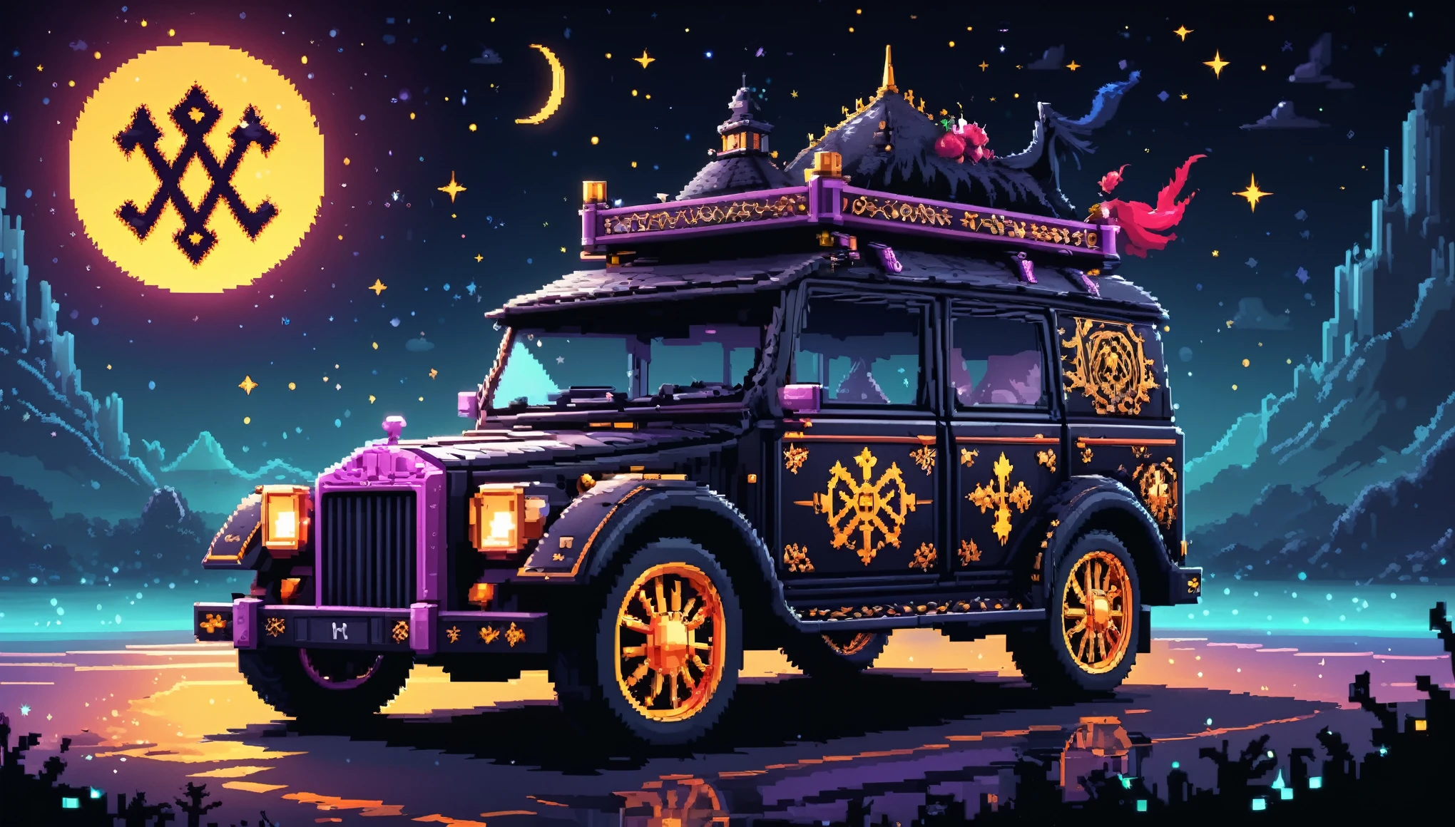 Bright epic professional (cute cartoon pixel illustration:1.2), (masterpiece in maximum 16K resolution, superb quality, ultra detailed:1.3), side view of a grand (bizarre:1.2) car with tall wheels and (sharp features, decorated with runes and folding roof), speeding amidst the silhouetted Gothic world of at night, sparkles.
