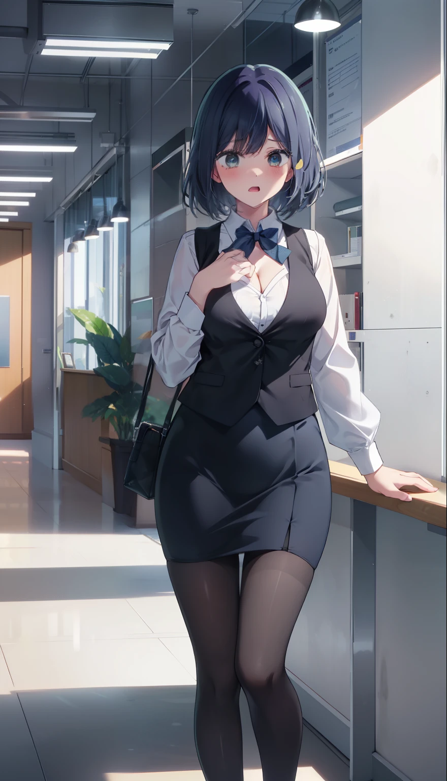 highest quality, Flying debris、Beautiful woman、Office Lady、Black Hair、(Brown eyes、Big Breasts、Blunt bangs)、short hair、Dark blue checked office suit)、new employee,Full Body Shot、Female office lady、break(Dark blue checked vest、White dress shirt、Navy blue mini tight pencil skirt:1.2)、(Black Pantyhose、garter belt、High heels)、break(office:1.3)、Cleavage、Shirt buttons fly off、Absolute area、Blushing、Embarrassed、Standing posture、Open your mouth、Exposing the breasts、Bare your breasts、No panties、No bra、Nipples are visible、Expose the nipple