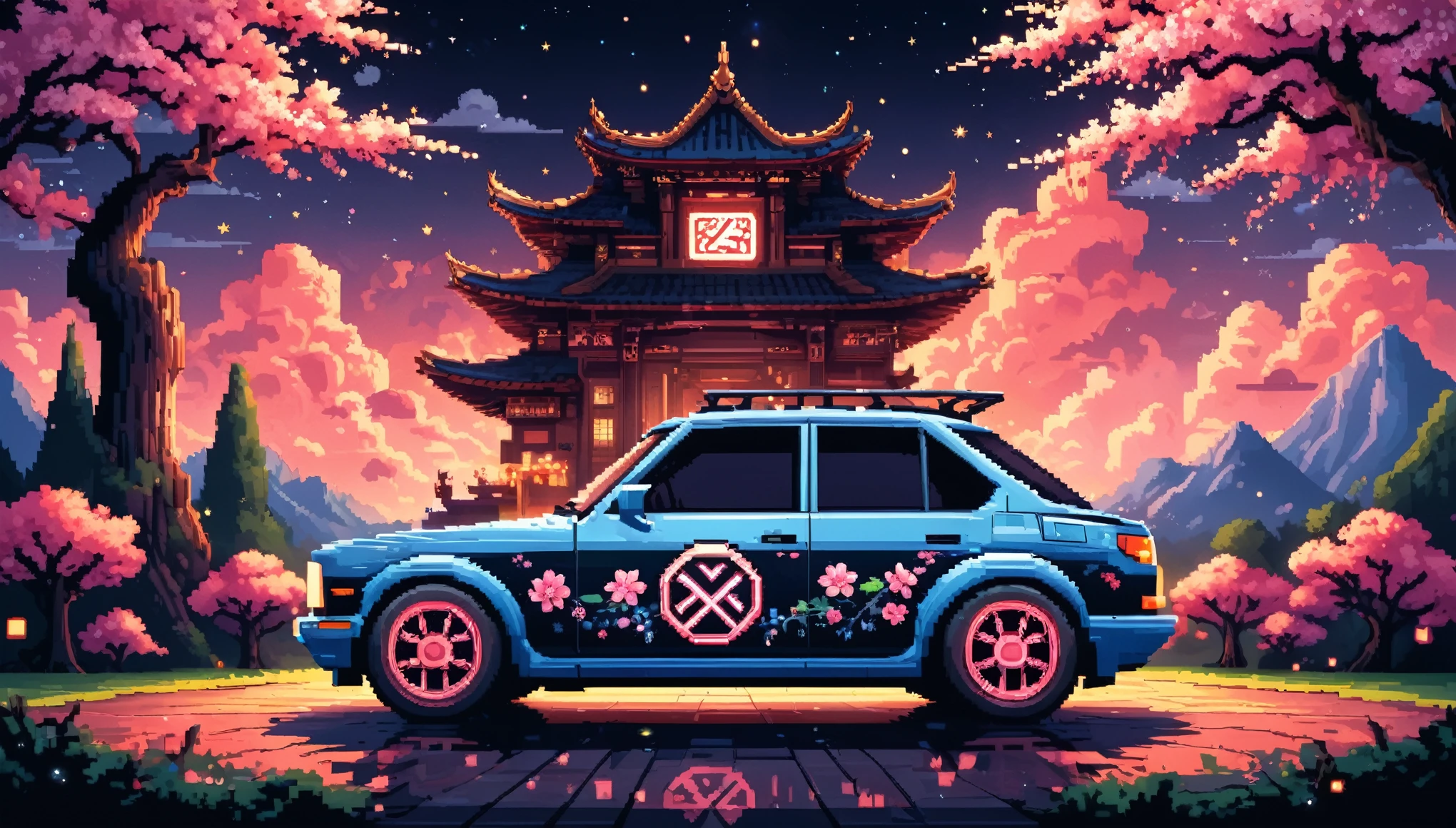 Bright epic professional (cute cartoon pixel illustration:1.2), (masterpiece in maximum 16K resolution, superb quality, ultra detailed:1.3), side view of a grand (bizarre:1.2) car with (tall wheels) and (sharp features, decorated with runes and folding roof), printed Sakura blossoms, amidst the silhouetted Gothic world of at night, clouds and sparkles.
