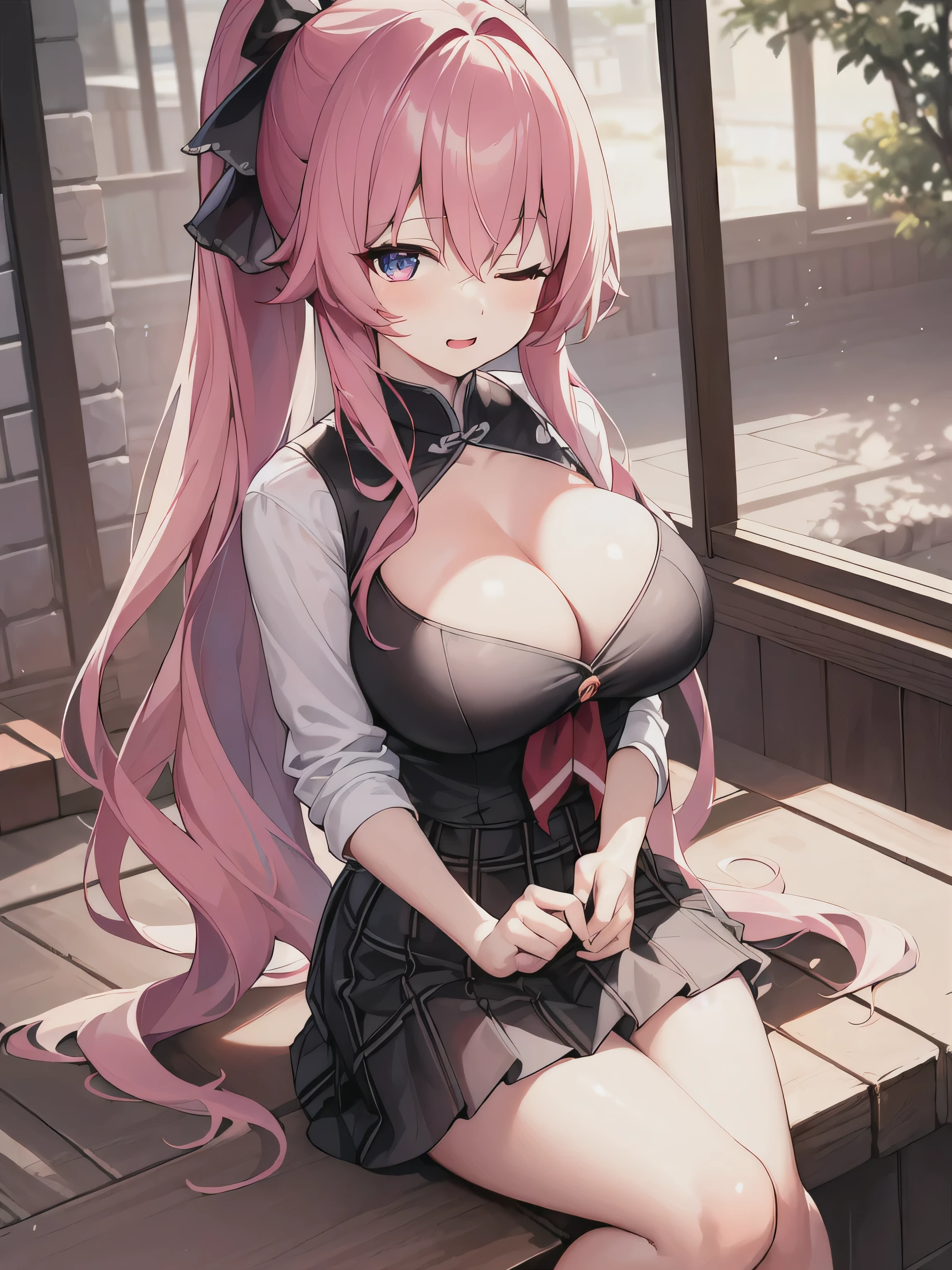 Pink hair, long hair, Ponytail, s eyes:1.5), (Large Breasts:1.2),
rest miniskirt, skirt, White shirt, Setofuku,Low-cut,Cleavage,With eyes closed,
rest looking at viewer,
rest indoors, bathhouse,
rest (masterpiece:1.2), best quality, high resolution, Unity 8k Wallpaper, (illustration:0.8), (Beautiful and delicate eyes:1.6), Extremely detailed face, Perfect lighting, Extremely detailed CG, (Perfect hands, Perfect anatomical structure),