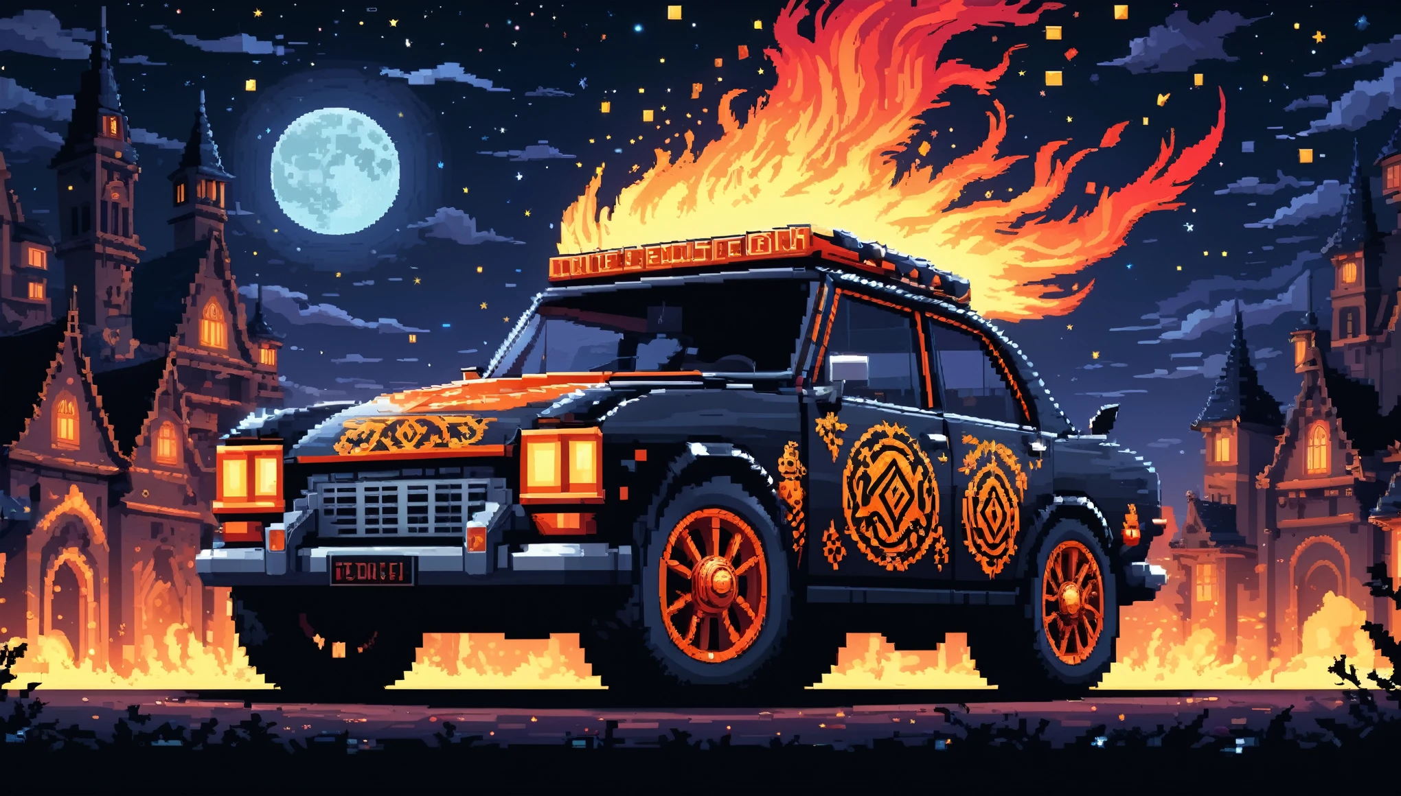 Bright epic professional (cute cartoon pixel illustration:1.2), (masterpiece in maximum 16K resolution, superb quality, ultra detailed:1.3), side view of a grand (bizarre:1.2) car with tall wheels and (sharp features, decorated with runes and folding roof), speeding amidst the silhouetted Gothic world of at night, sparkles.