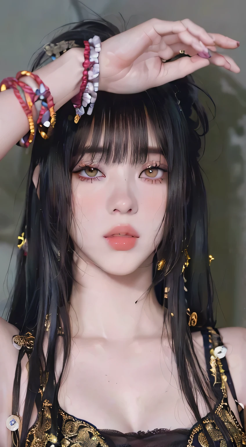 Un primer plano de una mujer con cabello largo con un vestido dorado, con pelo largo y ojos penetrantes, detailed face of an asian girl, pelo negro y ojos grandes, con hermosos ojos detallados, beautiful cyberpunk girl face, solo skydoll, con ojos angustiados y cabello oscuro, hyper-detailed Asian, bella delfina, chinese doll face, anime hiperrealista