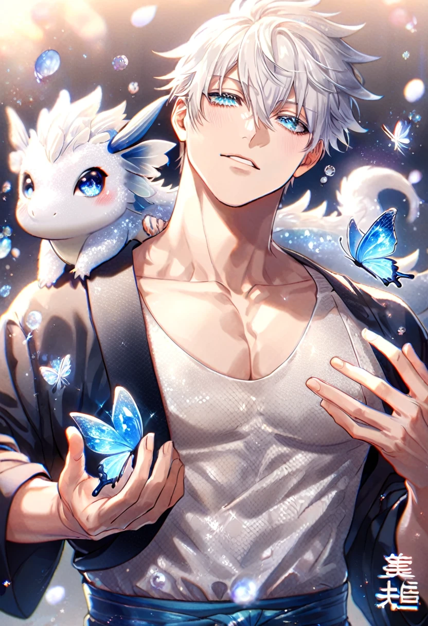 (absurdres, highres, ultra detailed, HDR) master piece, best quality, Gojo Satoru, white hair, with bangs, hair between the eyes, expressive blue eyes, white eyelashes, Jujutsu Kaisen, solo, sexy man, carrying a chibi white dragon, handsome, toned chest, black haori, white kimono with accessories, jewelry, patterns, magical fantasy, blue butterflies, glittering, sparkling, blue lilies, petals, radiant