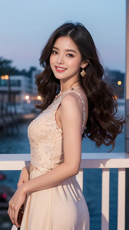 highest quality、4K、Perfect Face、Perfect Style、Sunburn、Long Layered Hair、beautiful、stylish charm、Mature、Curly Hair、Hair shed back、Wearing a beautiful party dress、Dinner、whole body、High heels,smile、Night view、