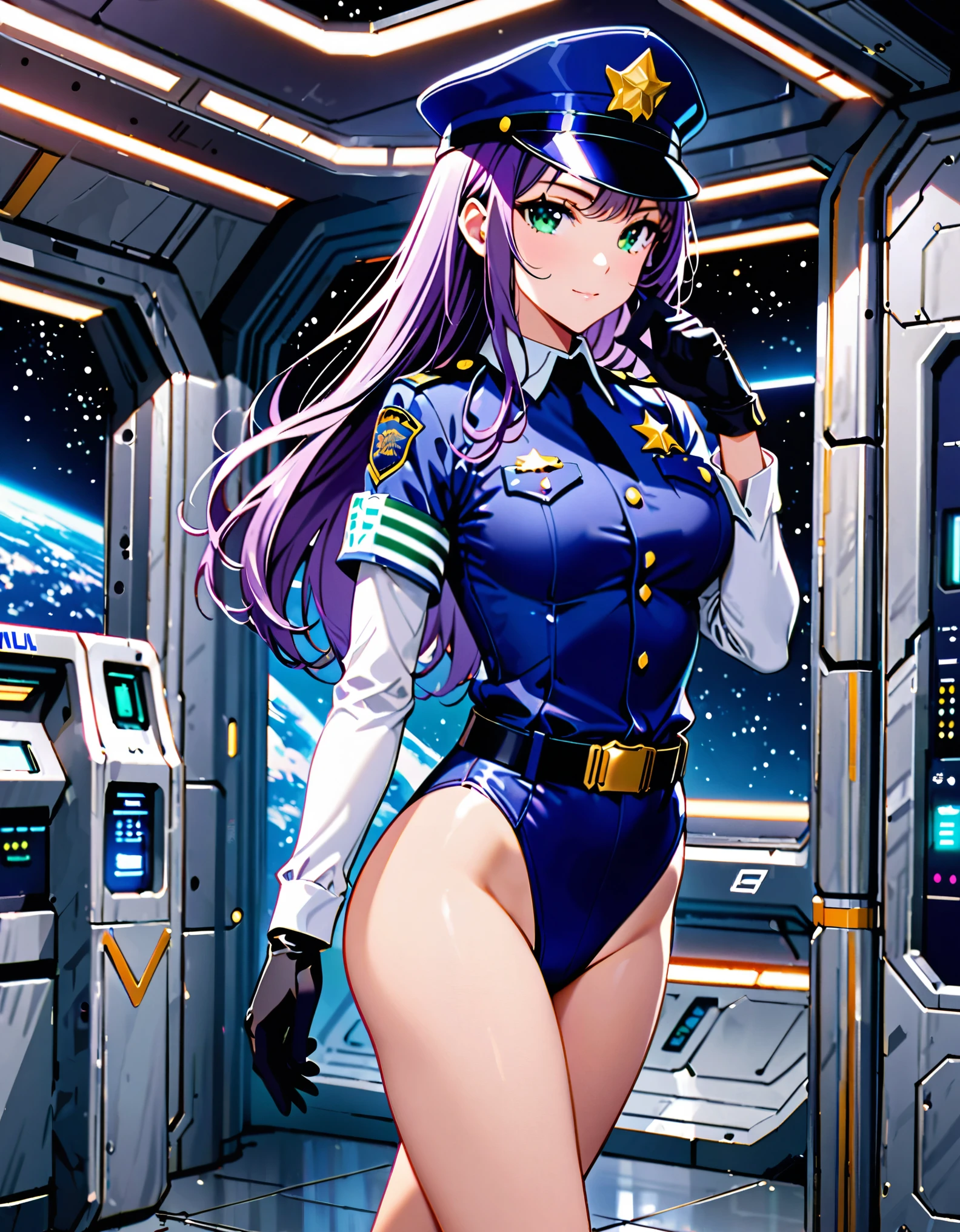 (masterpiece), (best quality), (high res),1girl, tall body, purple hair, long hair, green eyes, beautiful detailed eyes, beautiful detailed face, cute face, perfect hands, complete fingers, perfect anatomy, perfect proportions, ((hat, dark blue police hat)), ((leotard, matching leotard, bare legs)), ((boots, matching boots)), breasts, medium breasts, fingerless gloves, (full body portrait), looking at viewer, solo, solo focus, standing, police uniform, cowboy shot, space station backdrop, indoors, (belt, tight belt), (armbands, white sleeves), full body costume design.