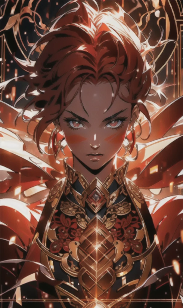 a beautiful woman with scarlet red hair, glowing goddess-like eyes, intricate detailed facial features, dramatic pose, powerful aura, cinematic lighting, dark fantasy art, rich colors, chiaroscuro, moody atmosphere, cinematic composition, award winning digital art, highly detailed, 8k, photorealistic