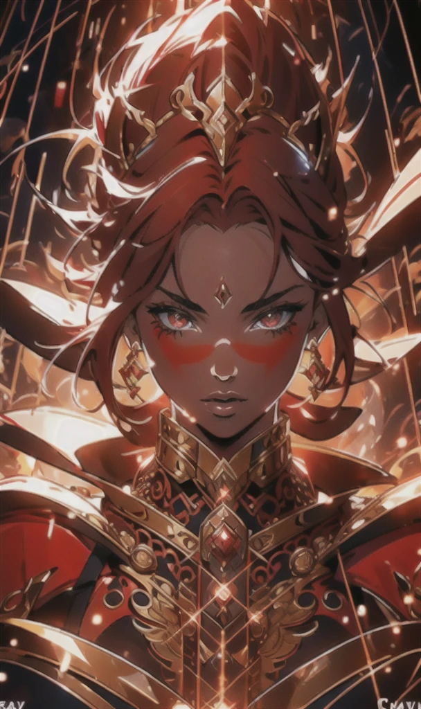 a beautiful woman with scarlet red hair, glowing goddess-like eyes, intricate detailed facial features, dramatic pose, powerful aura, cinematic lighting, dark fantasy art, rich colors, chiaroscuro, moody atmosphere, cinematic composition, award winning digital art, highly detailed, 8k, photorealistic