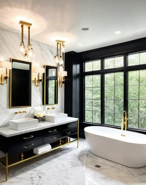 Luxurious bathroom with freestanding bathtub, rain shower, heated flooring, marble tiles, brass fixtures, floating vanity with double sink, elegant chandelier, high contrast lighting, spa-like atmosphere, high resolution