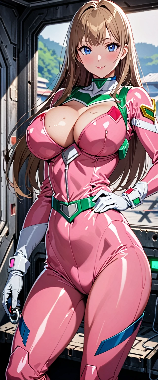 ((masterpiece)), ((high quality)), ((super detailed)), ((high resolution)), ((8k)), a beautiful woman, ((She is one of the most famous actress in Japan.)), unparalleled beauty, ((large breast:1.6)), ((large ass)), ((deep cleavage:1.2)), slim waist, chest out, ultra detailed face, perfect skin, (((waist length hair, long light brown straight hair, hime cut))), light blue eyes, ultra detailed eyes, whole body image, sexy, an inviting smile, sensual, (((anime))), ((glamorous)), sexual attraction ,23 years old, ((incredibly beautiful woman)), ((The H cup bust)), ((neat and clean.)) , (((Power Ranger))), heroine, (((high leg leotard style power suit, white line on pink colored power suit))), ((combat medic)), ((beautiful breasts)), beautiful legs, 8 life size, the most beautiful and strongest, ((charm)), ((Russian beauty)), ((((gravure pose)))),