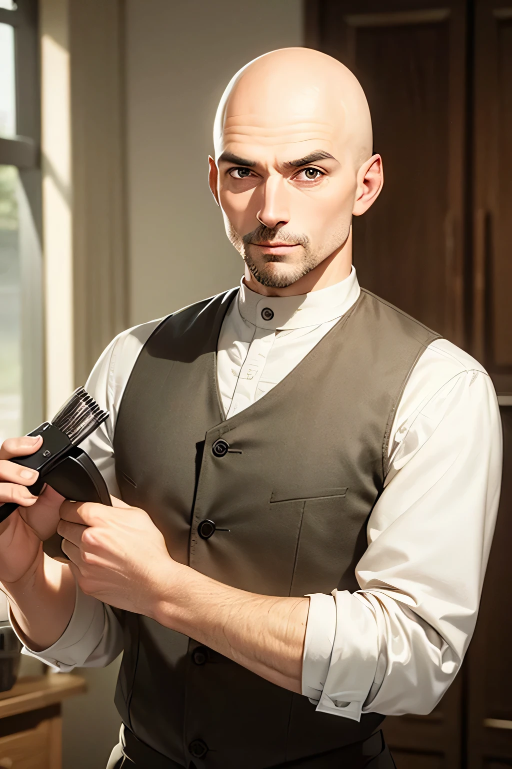 Bald man holding a comb