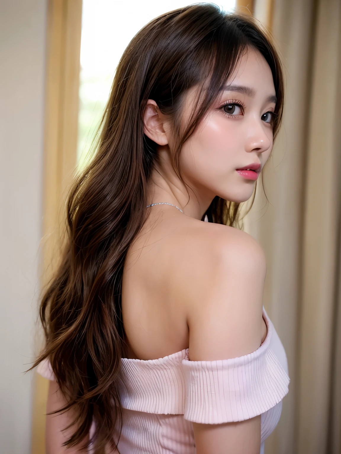 Canon RF85mmf/1.2,masterpiece,highest quality,Ultra-high resolution,VC,1 girl,(Korean mixed race,K-Pop Idols:1.2),alone,white_Shiny_skin,Iris,necklace,((Brown_length_Wavy_hair)),((pink_Shiny_lips)),eyelash,前hair,make,compensate,Shiny,pore,skin texture,bracelet,Off the shoulder,See through,Big Breasts