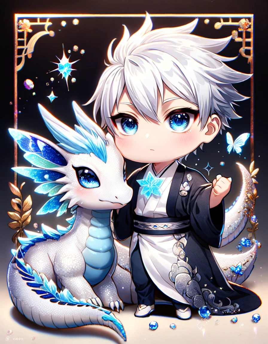 (absurdres, highres, ultra detailed, HDR) master piece, best quality, Gojo Satoru, white hair, with bangs, hair between the eyes, expressive blue eyes, white eyelashes, Jujutsu Kaisen, solo, sexy man, carrying a chibi white dragon, handsome, toned chest, black haori, white kimono with accessories, jewelry, patterns, magical fantasy, blue butterflies, glittering, sparkling, blue lilies, petals, radiant