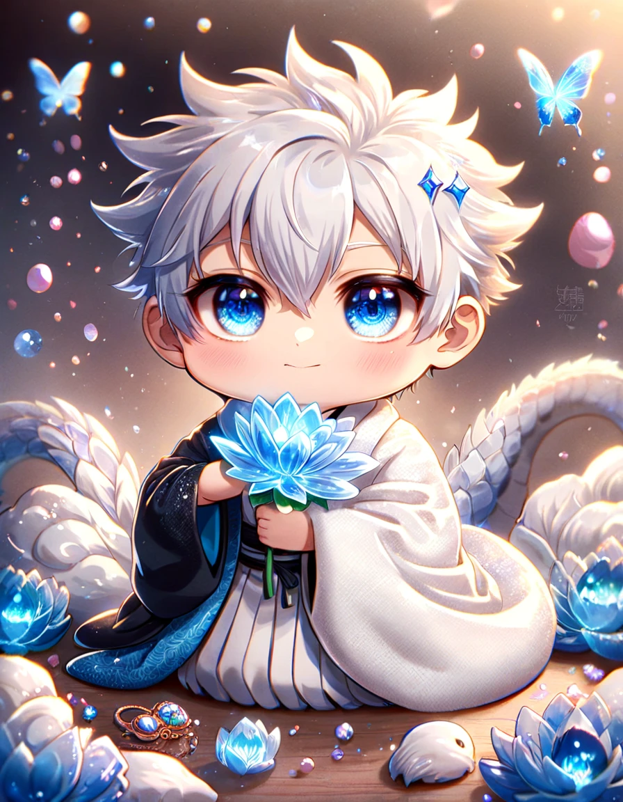 (absurdres, highres, ultra detailed, HDR) master piece, best quality, Gojo Satoru, white hair, with bangs, hair between the eyes, expressive blue eyes, white eyelashes, Jujutsu Kaisen, solo, sexy man, carrying a chibi white dragon, handsome, toned chest, black haori, white kimono with accessories, jewelry, patterns, magical fantasy, blue butterflies, glittering, sparkling, blue lilies, petals, radiant