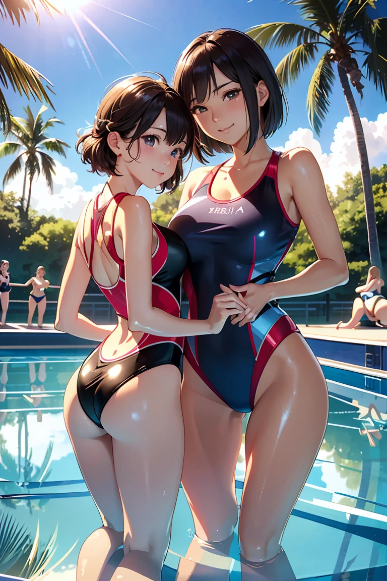 extremely detailed CG, super detailed skin, perfect anatomy, dynamic lighting, beautiful detailed eyes, (2girls), (yuri:1.3), Outstanding smile、 age woman、Japanes、huge breast、short hair、arms behind back, (Shiny skin:1.4)、sexy pose, Esbian all over、(Competition swimwear:1.5), (One piece swimsuit:1.2), (High leg swimsuit:1.2), (Reflection of light:1.4), High leg panties,
