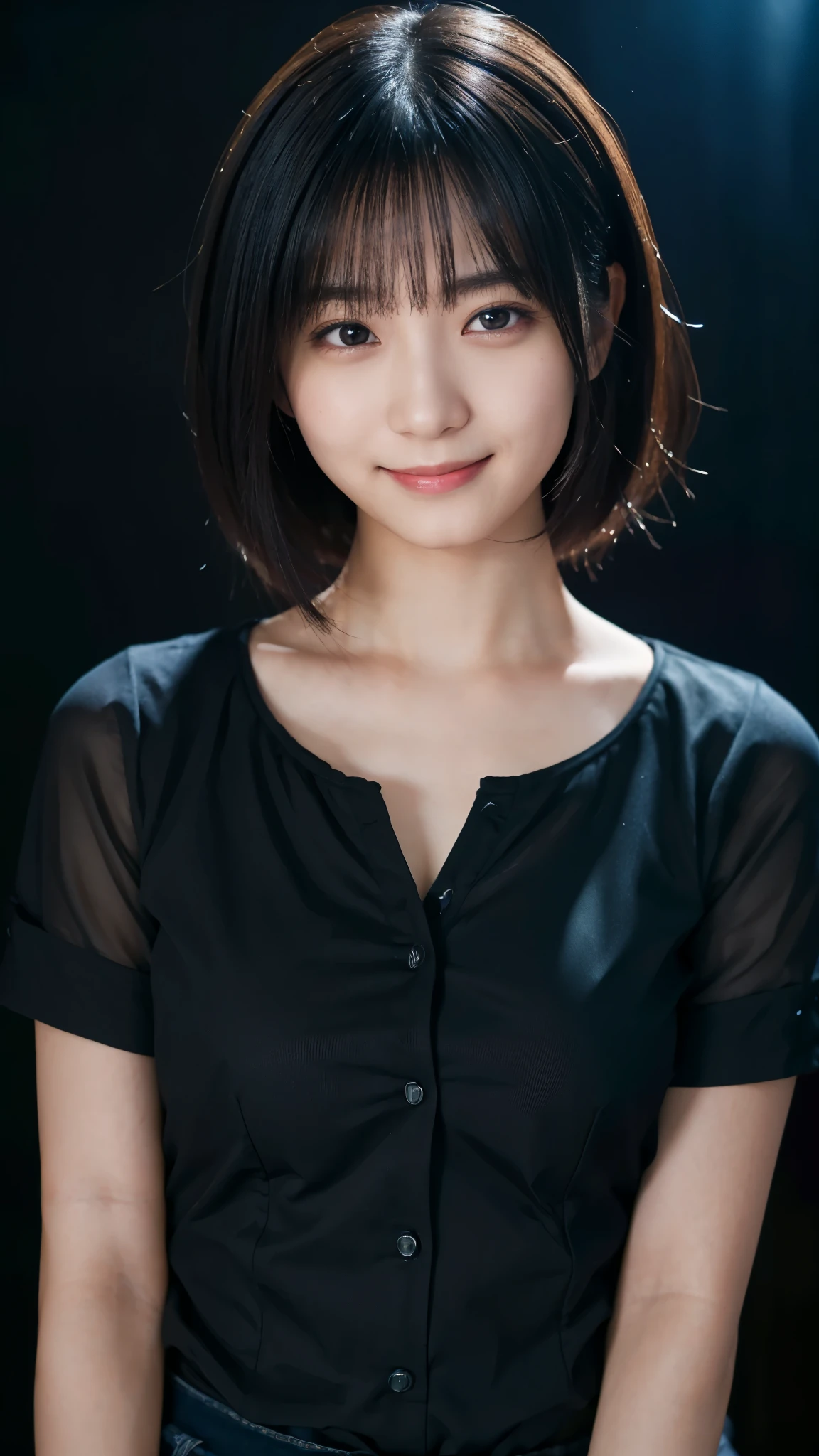 (highest quality,masterpiece:1.3,Ultra-high resolution),(Super detailed,Caustics,8k), (Photorealistic:1.4, RAW shooting),darkness,Japanese,20-year-old,smile,Black Hair Middle Hair,Black Shirt,Bust up shot