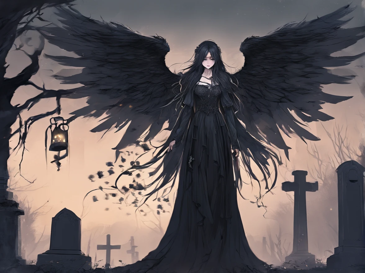 (highest quality,4K,8k,High resolution,masterpiece:1.2),Gothic and melancholic female angel,cry,Anime Style,Detailed blue eyes,long, flowing black hair,Fair and perfect skin,Spread your beautiful wings,Edged with lace、Decorative and shabby black gown,Illuminated by a soft golden halo,Desolate Graveyard Background,Moonlit Night,Withered flowers and gravestones,A faint mist is swirling.