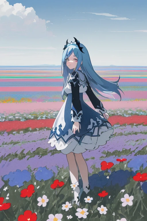(absurdesten, highres, ultra detailliert, UHD, Filmisch), Allein, 1 girl, reifen, Happy, girl standing in hellblau flower field, hellblau flower petal surrounding girl, Full body, blue long hair girl, hellblau hair, Fantasie, dreamy, schneebedeckt, Offizielle Kunst, Pop-Art, Profil, ultra detailliert face, ultra detailliert eyes, hellblau flower field, ultra detailliert field, White blue sky, kalt, hellblau, White, Nebel am Himmel, blauer Baum, Aquarell, Pastellfarbe