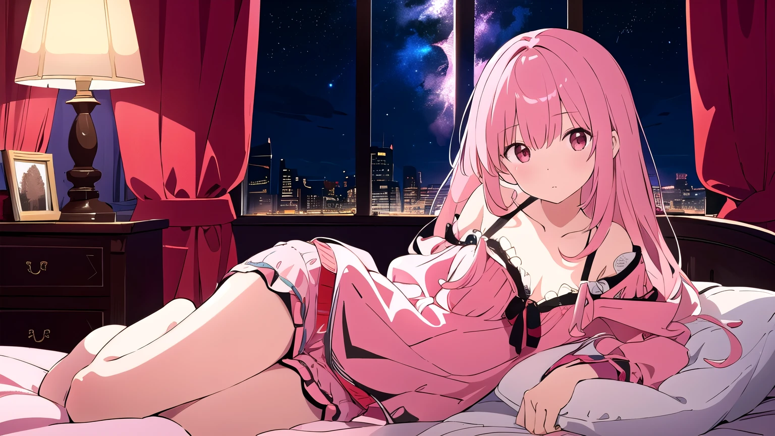Very detailed, Detailed Background, (highest quality, masterpiece, High resolution), One girl, Mid-chest, Pink Hair, Loungewear, long hair、 night、 Starry Sky、 Dimly lit room、 Moonlit room、