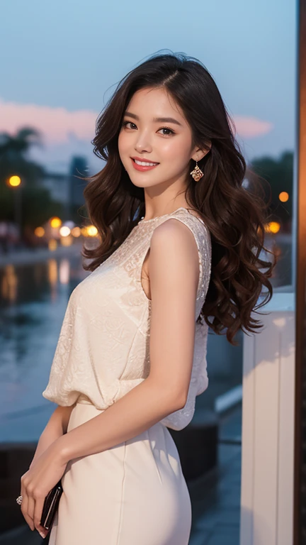  highest quality、4K、Perfect Face、Perfect Style、Sunburn、Long Layered Hair、beautiful、stylish charm、Mature、Curly Hair、Hair shed back、In a lovely outfit、Dinner、whole body、High heels,smile、Night view、