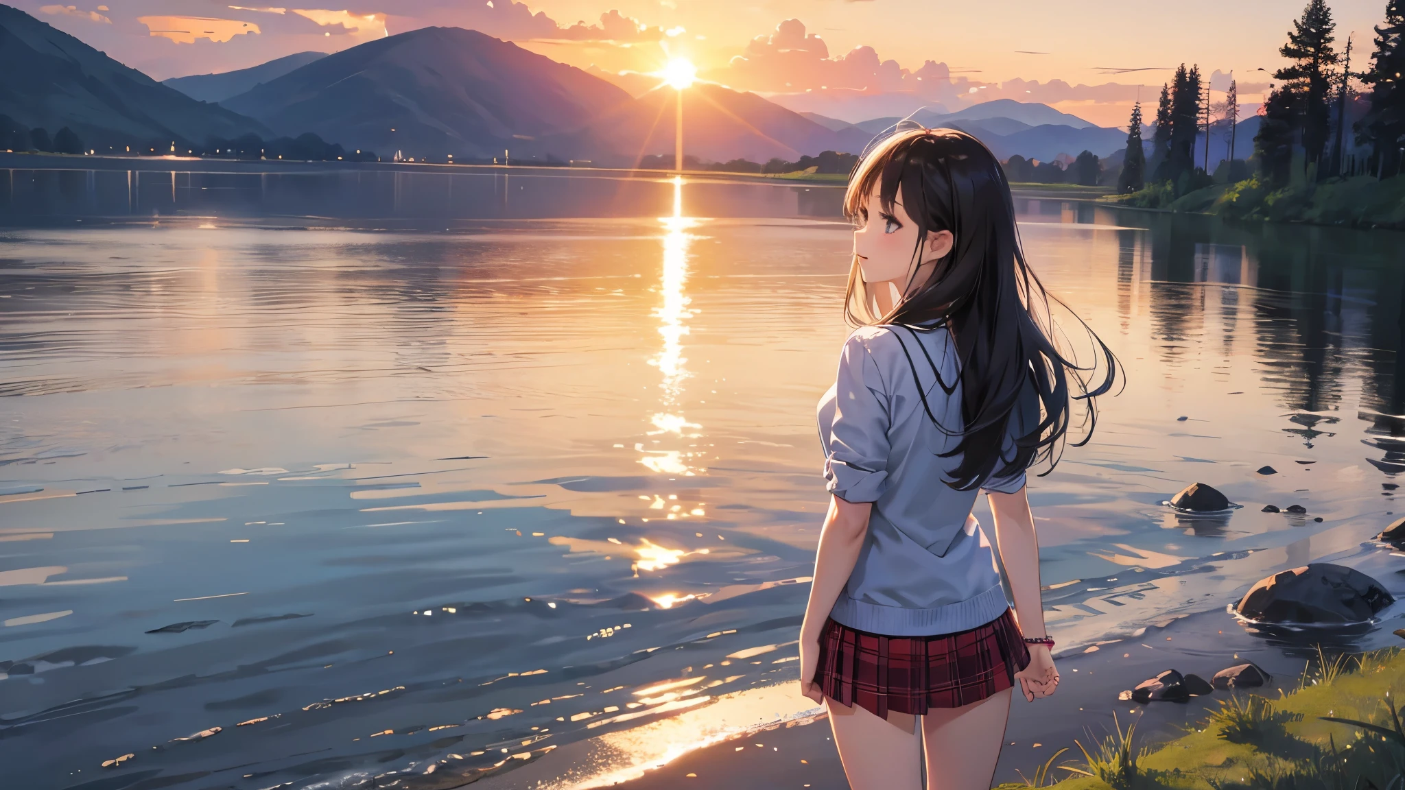 Beauty、mini skirt、Riverbank、sunset