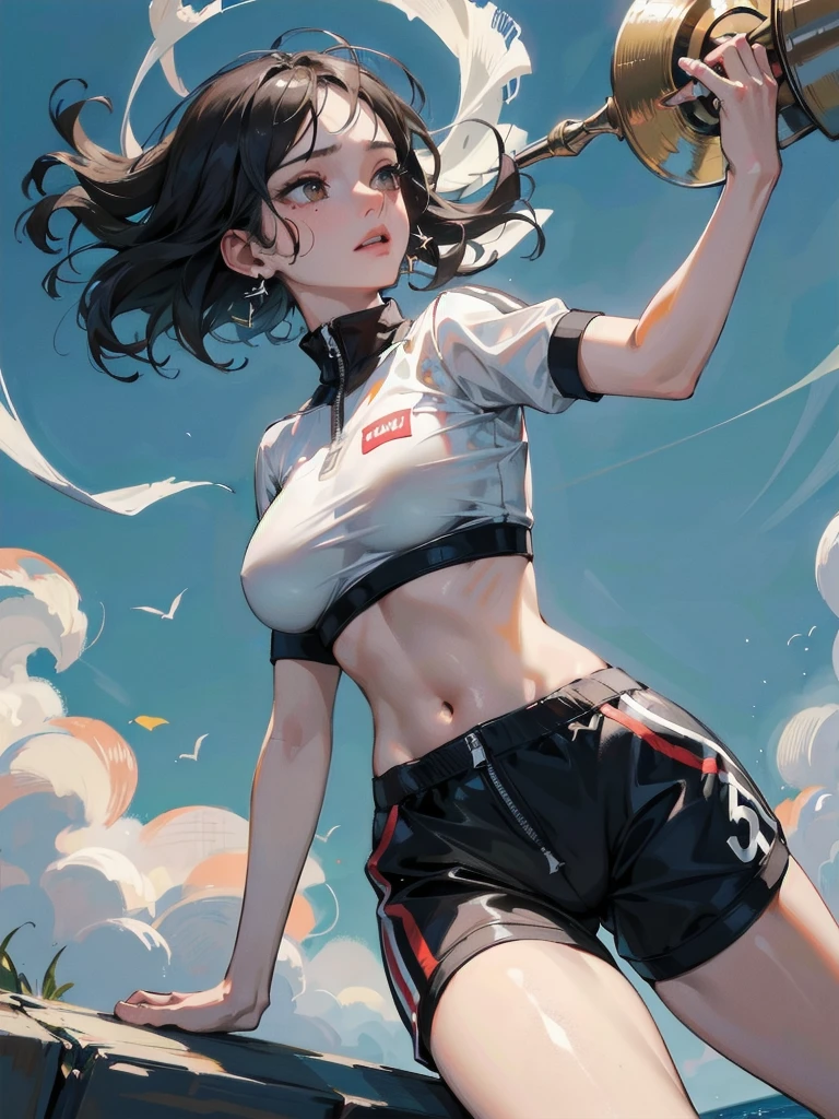 absurdres, RAW photo, extremely delicate and beautiful, masterpiece, Best Quality, ultra high resolution, 32k, hyperrealistic, ultra-detailed, perfect figure, tearful mole, earring, whole body shot, big breast, short medium hair, wavy hair, tracksuit, midriff,