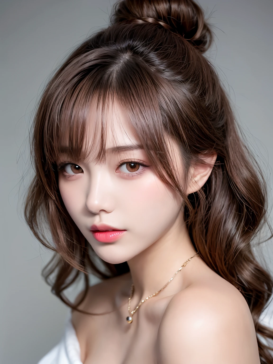 Canon RF85mmf/1.2,masterpiece,highest quality,Ultra-high resolution,VC,1 girl,(Korean mixed race,K-Pop Idols:1.2),alone,white_Shiny_skin,Iris,necklace,((Brown_length_Wavy_hair)),((pink_Shiny_lips)),eyelash,前hair,make,compensate,Shiny,pore,skin texture,bracelet,Off the shoulder,See through,Big Breasts