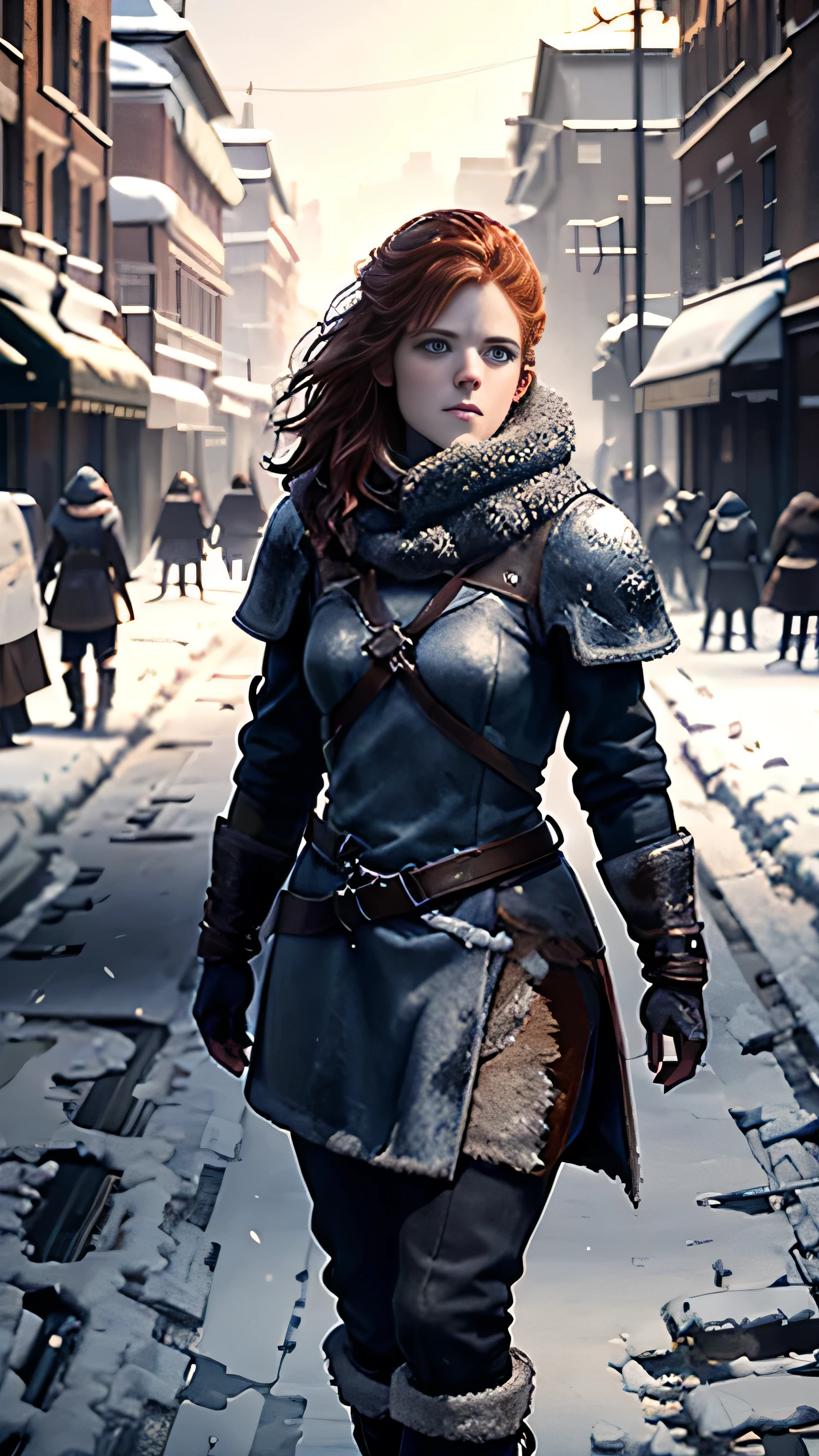 frostpunk, (Rose Leslie) as Ygritte, blue warm fur coat, leather boots, standing, in a street, cold, winter, snow, (1woman), (solo), (full body view), beautiful detailed glow, detailed, cinematic light, intricate detail, realistic, highres, detailed facial features, high detail, sharp focus, smooth, aesthetic, extremely detailed, stamp, octane render