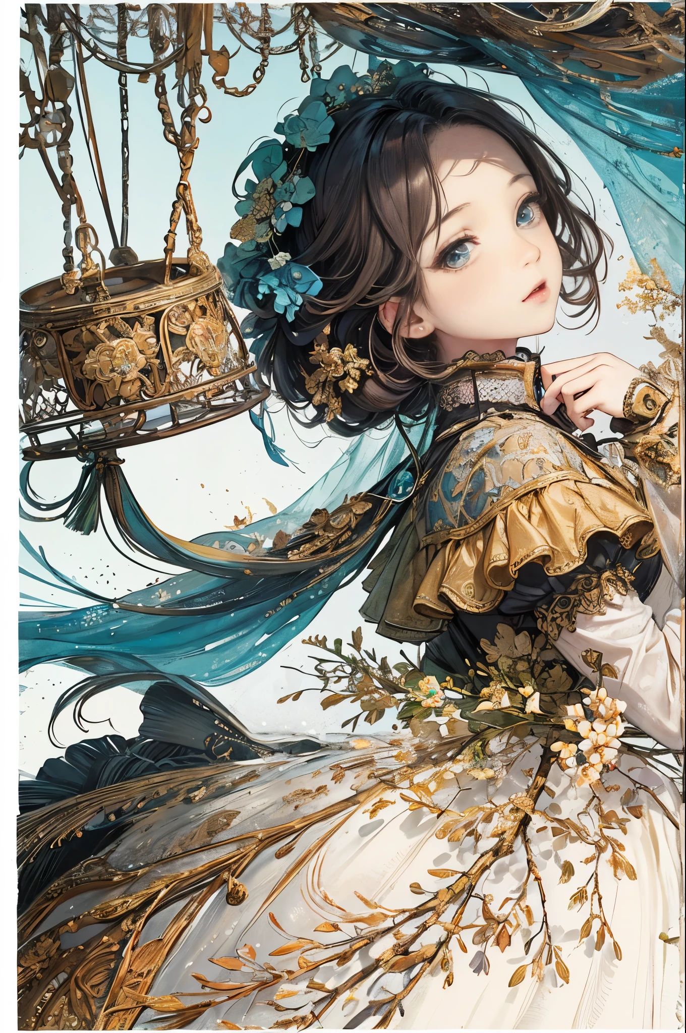 (On the table, Highest quality, best quality, Official Art, beautiful and aesthetic:1.2), (1 Girl), Very detailed,(Fractal Art:1.3),rich and colorful,Highest detail,Eye color is blue-green、