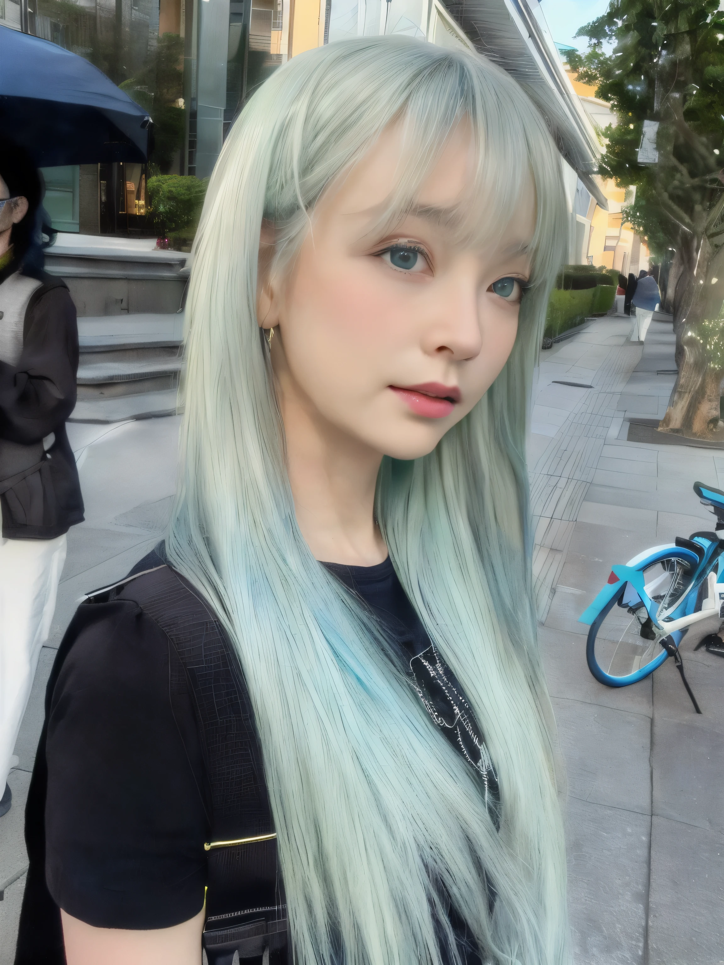 A man in his fifties with blue hair and a black shirt is standing on the sidewalk, Sky blue straight hair, ((greenish-blue tones,)), Long cyan hair, Straight sky blue hair, Ulzzang, Beautiful face in light green tones, White long hair, mikudayo, Light blue hair, Shirahime cut hairstyle, Belle Delphine