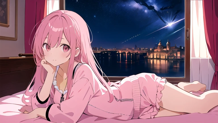 Very detailed, Detailed Background, (highest quality, masterpiece, High resolution), One girl, Mid-chest, Pink Hair, Loungewear, long hair、 night、 Starry Sky、 Dimly lit room、 Moonlit room、