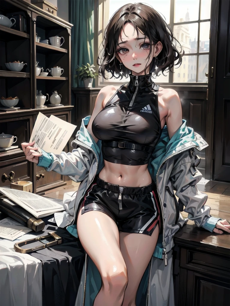 absurdres, RAW photo, extremely delicate and beautiful, masterpiece, Best Quality, ultra high resolution, 32k, hyperrealistic, ultra-detailed, perfect figure, tearful mole, earring, whole body shot, big breast, short medium hair, wavy hair, tracksuit, midriff,