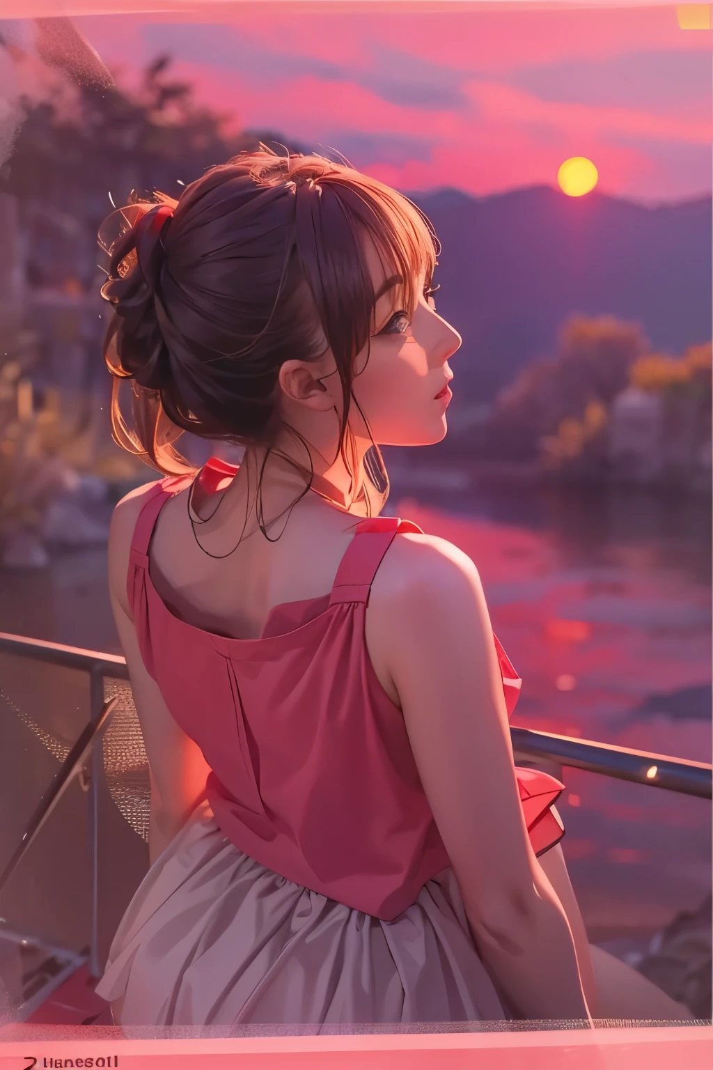 1Portrait of a girl, looking at the audience, Red top, Sunset