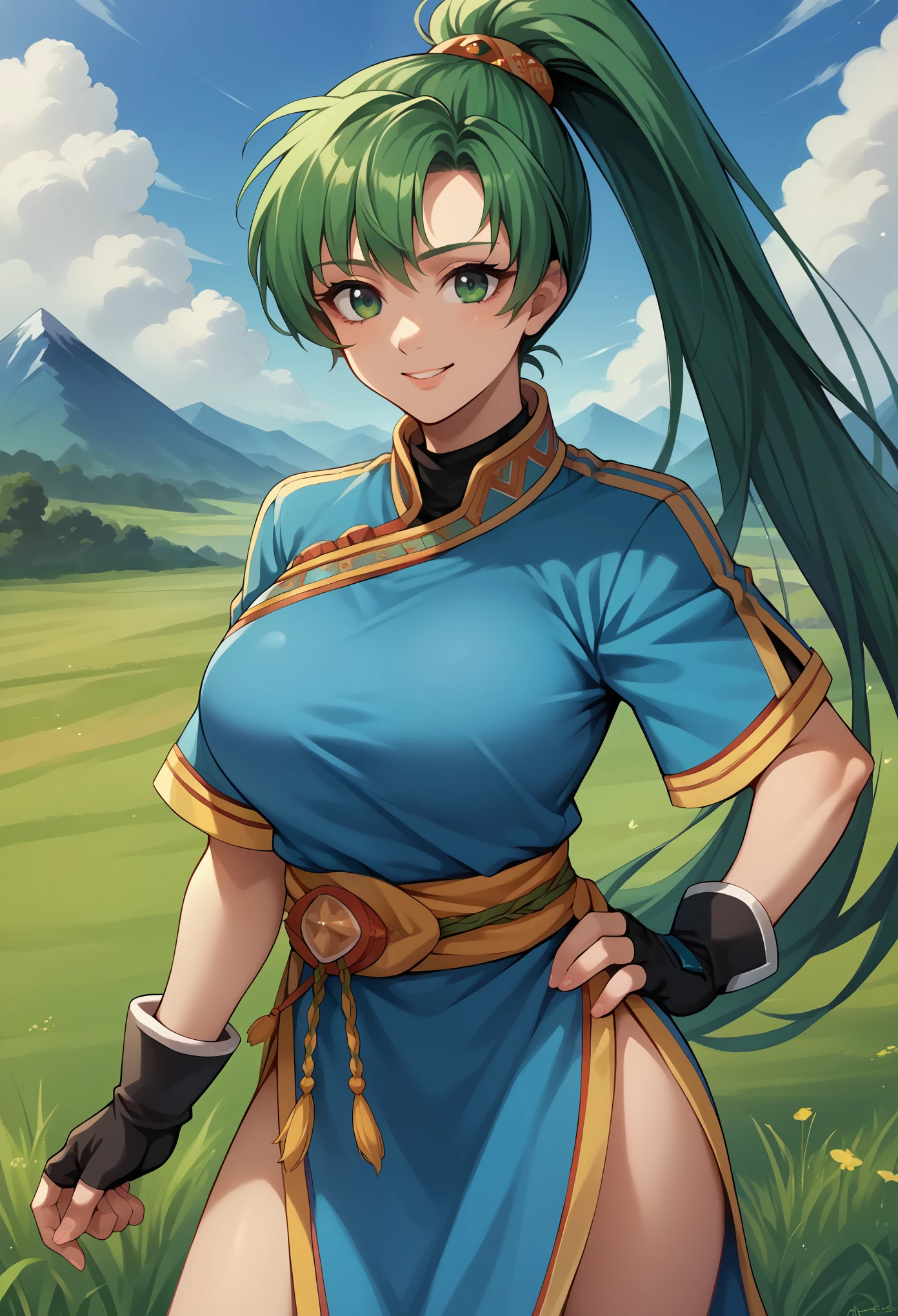 score_9, score_8_up, score_7_up, score_6_up, source_anime BREAK 1girl, solo, defLyn, green hair, high ponytail, blue dress, short sleeves, sash, side slit, fingerless gloves, big breasts,hand on hip, looking at you, field, blue sky, mountains, happy, 