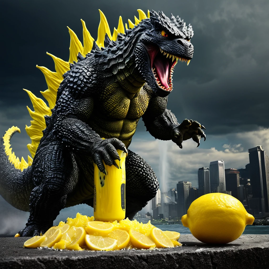 Godzilla roaring at the sky yellow juice covers his face and runs down his back, Godzilla has pinned a large lemon kaiju under one foot and has taken a juicy bite from it a giant godzilla monster,godzilla roaring ferociously with mouth open,godzilla's face and body covered in yellow juice,godzilla pinning down a large lemon kaiju under one foot,godzilla taking a juicy bite from the lemon kaiju,cinematic dramatic lighting,ultra detailed and realistic,highly detailed,cinematic sense of scale,epic scene,dramatic composition,vibrant colors

