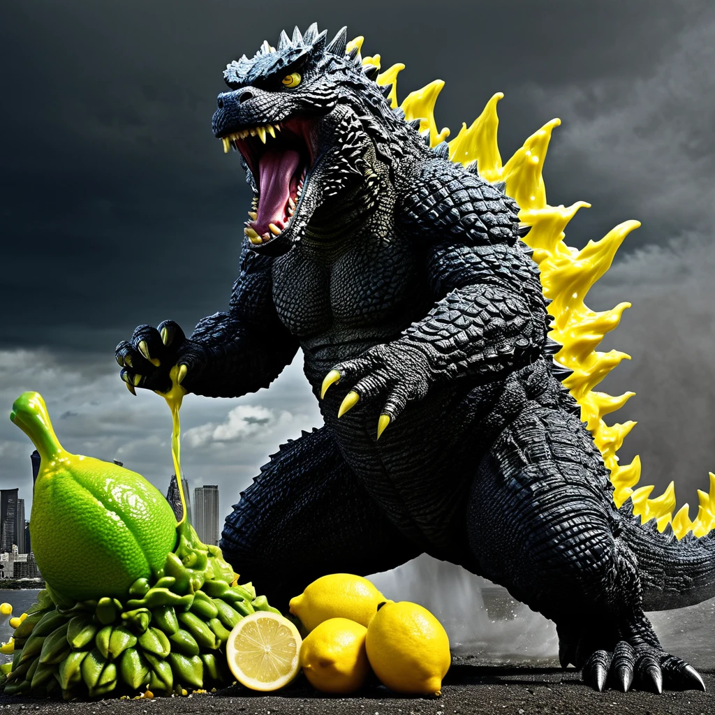 Godzilla roaring at the sky yellow juice covers his face and runs down his back, Godzilla has pinned a large lemon kaiju under one foot and has taken a juicy bite from it a giant godzilla monster,godzilla roaring ferociously with mouth open,godzilla's face and body covered in yellow juice,godzilla pinning down a large lemon kaiju under one foot,godzilla taking a juicy bite from the lemon kaiju,cinematic dramatic lighting,ultra detailed and realistic,highly detailed,cinematic sense of scale,epic scene,dramatic composition,vibrant colors
