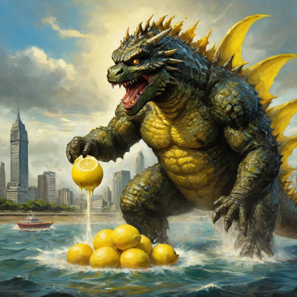 Godzilla roaring at the sky yellow juice covers his face and runs down his back, Godzilla has pinned a large lemon kaiju under one foot and has taken a juicy bite from it a giant godzilla monster,godzilla roaring ferociously with mouth open,godzilla's face and body covered in yellow juice,godzilla pinning down a large lemon kaiju under one foot,godzilla taking a juicy bite from the lemon kaiju,cinematic dramatic lighting,ultra detailed and realistic,highly detailed,cinematic sense of scale,epic scene,dramatic composition,vibrant colors
