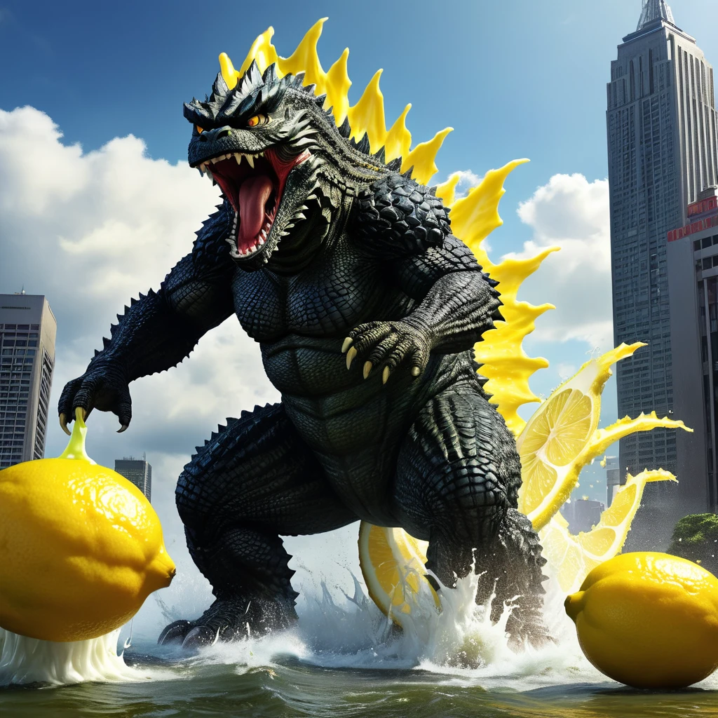 Godzilla roaring at the sky yellow juice covers his face and runs down his back, Godzilla has pinned a large lemon kaiju under one foot and has taken a juicy bite from it a giant godzilla monster,godzilla roaring ferociously with mouth open,godzilla's face and body covered in yellow juice,godzilla pinning down a large lemon kaiju under one foot,godzilla taking a juicy bite from the lemon kaiju,cinematic dramatic lighting,ultra detailed and realistic,highly detailed,cinematic sense of scale,epic scene,dramatic composition,vibrant colors