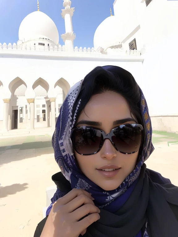 An Araf woman wearing a scarf and sunglasses stands in front of a white building, About Go Pro Hero8, Wear sunglasses, Inspired by Shaddy Safadi, In front of the temple, White headscarf, Shot with iPhone 1 0, mekka, Exotic beauty, The temple behind her, Farida Malik, Selfie!!!!!, Inspired by Ismail Akar