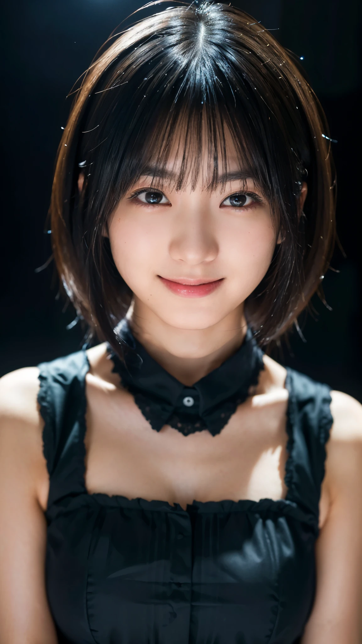 (highest quality,masterpiece:1.3,Ultra-high resolution),(Super detailed,Caustics,8k), (Photorealistic:1.4, RAW shooting),darkness,stage,Japanese,20-year-old,smile,Black Hair Middle Hair,Black Shirt,Bust up shot