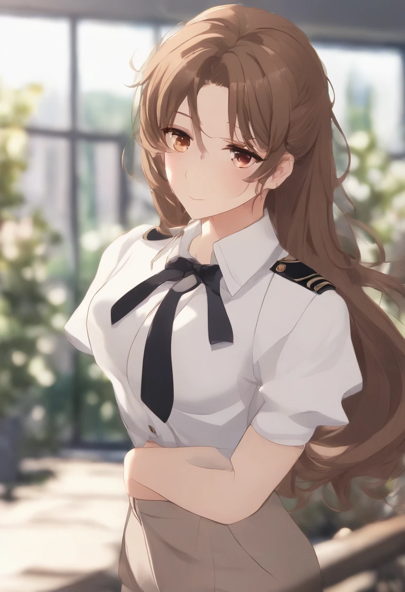 Anime - style image of a character with long brown hair, estilo de anime, hoja de referencia de personajes de anime, Uniforme de profesora camiseta blanca formal y pantalon formal para trabajar, estilo anime plano, anime lleno cuerpo illustration, lleno_cuerpo!!, complete detailed cuerpo, extra detailed cuerpo, anime vtuber lleno cuerpo model, Soft anime illustration, personaje de estilo anime, estilo anime limpio y detallado, que no se vea su estomago 