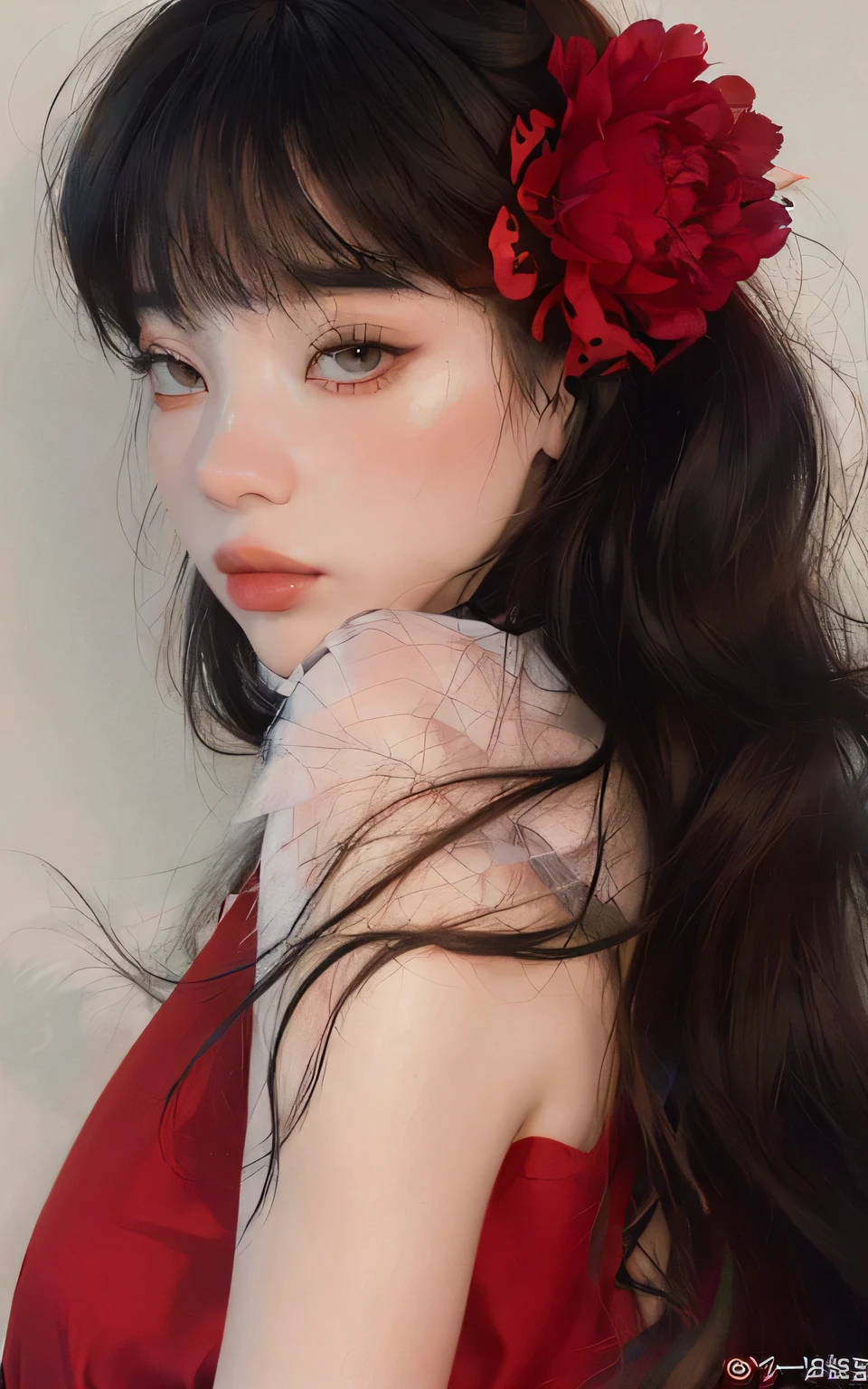 un primer plano de una mujer con una flor en el pelo, ulzzang, rosa roja en el pelo, pale and light skin!!, pale red, rin tohsaka, faint labios rojos, hermoso rostro estetico, iris rojos y una cara delgada, muchacha coreana, sakimichan, labios rojos, peinado de corte hime blanco, sui ishida con cabello negro