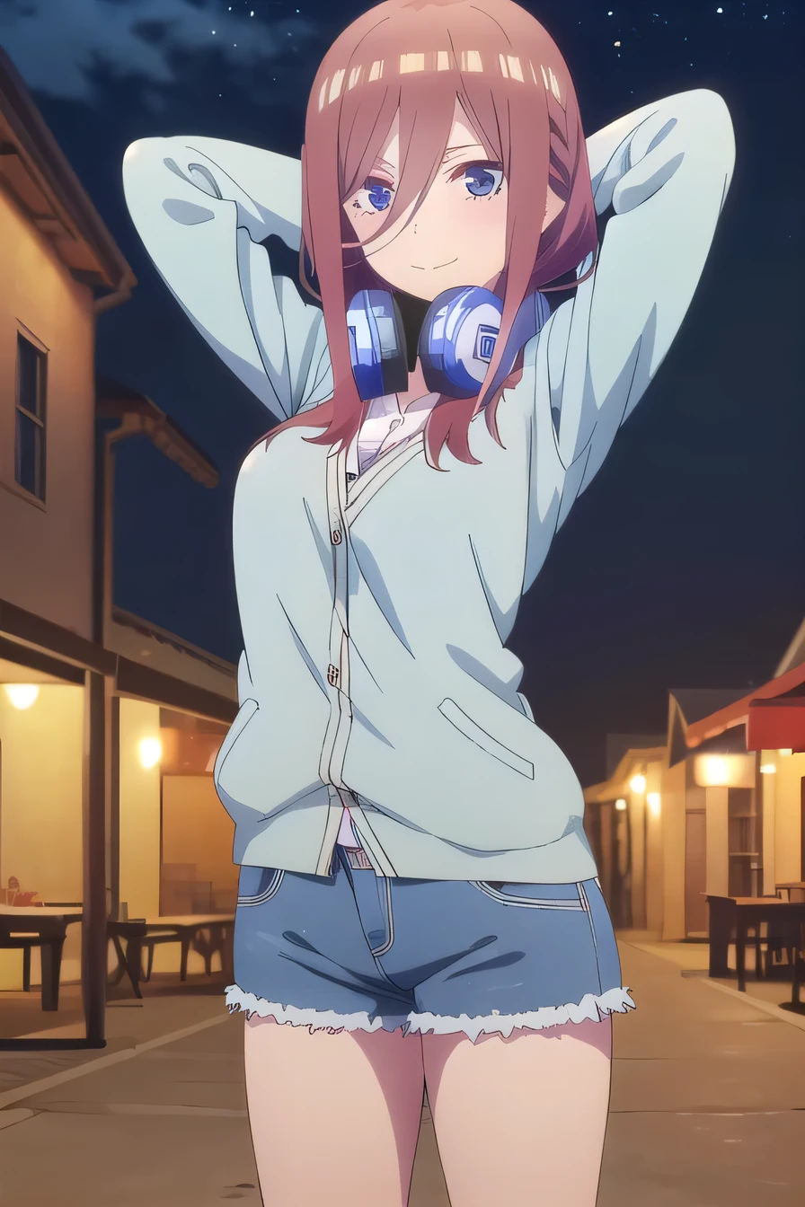 solo, 1girl, looking at viewer, 2D, anime, anime coloring, miku nakano, cardigan, blue shorts, headphones around neck, solo, night sky, beach, arms behind head,  contrapposto, closed mouth, (cowboy shot:1.5), looking at viewer, smile,