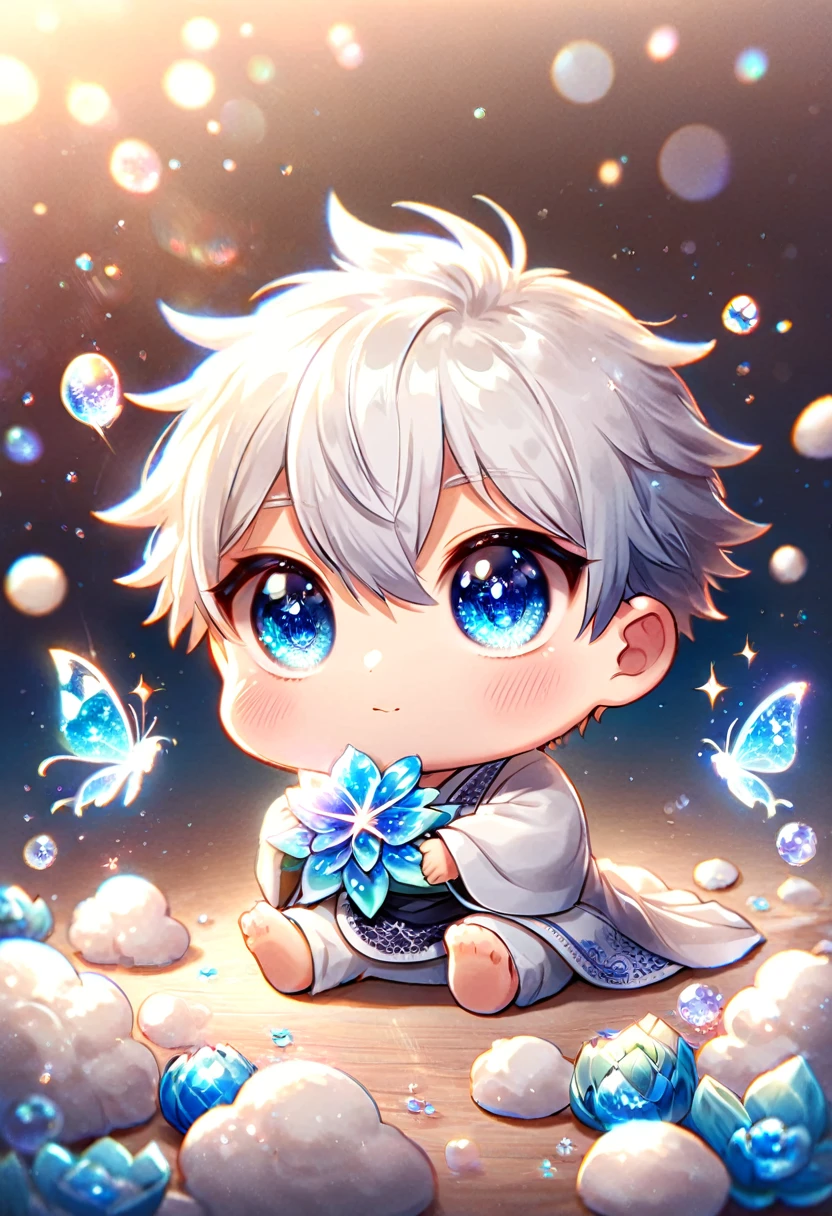 (absurdres, highres, ultra detailed, HDR) master piece, best quality, Gojo Satoru chibi, white hair, with bangs, hair between the eyes, expressive blue eyes, white eyelashes, Jujutsu Kaisen, solo, together with a chibi white dragon, cute, black haori, white kimono with accessories, jewelry, patterns, magical fantasy, blue butterflies, glittering, sparkling, blue lilies, petals, radiant