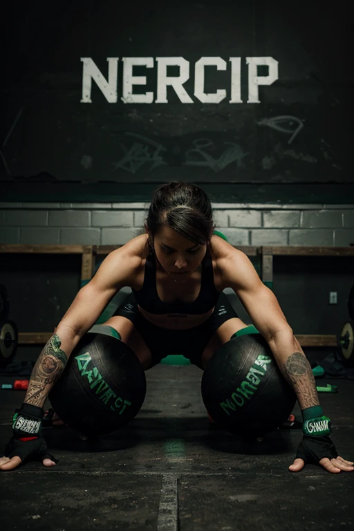 Create a CrossFit logo in black and green tones with the phrase “never give up.”