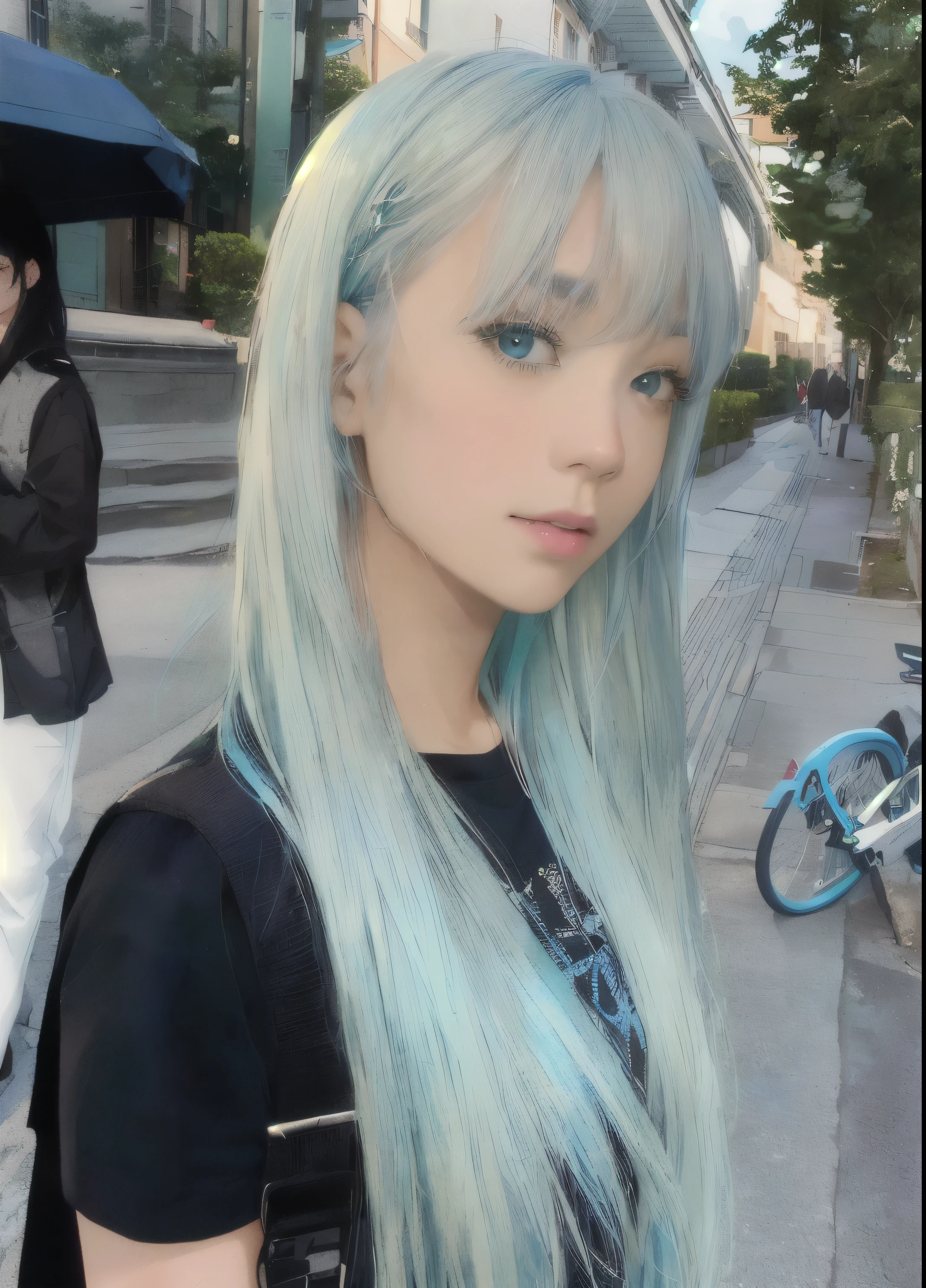 A man in his fifties with blue hair and a black shirt is standing on the sidewalk, Sky blue straight hair, ((greenish-blue tones,)), Long cyan hair, Straight sky blue hair, Ulzzang, Beautiful face in light green tones, White long hair, mikudayo, Light blue hair, Shirahime cut hairstyle, Belle Delphine