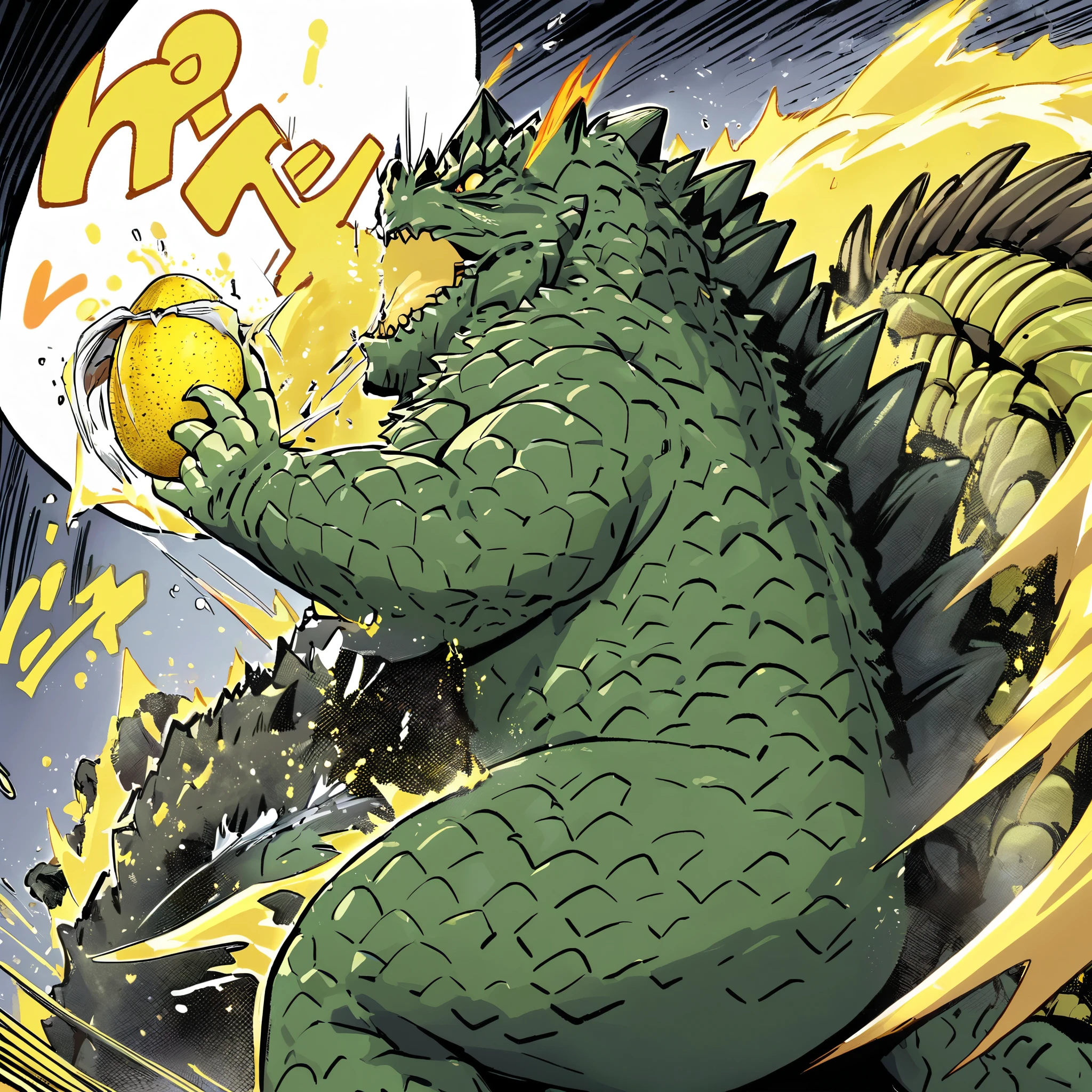 Godzilla roaring at the sky yellow juice covers his face and runs down his back, Godzilla has pinned a large lemon kaiju under one foot and has taken a juicy bite from it